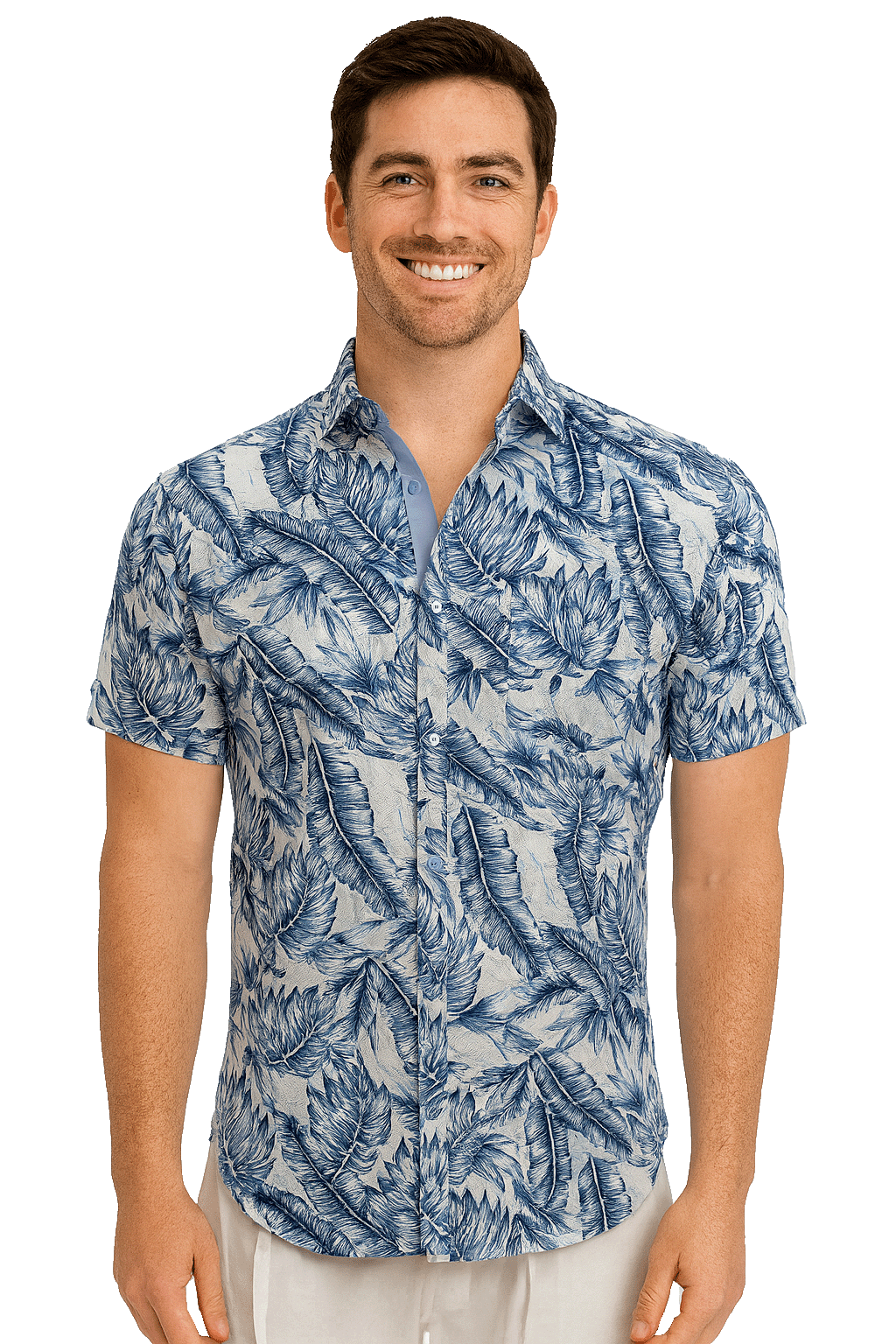 Men Cotton-Gauze Print Short Sleeve Shirt-BLUE PRINT-MAYAMERA-MCS3253 - 8 PCS/PRE-PACK