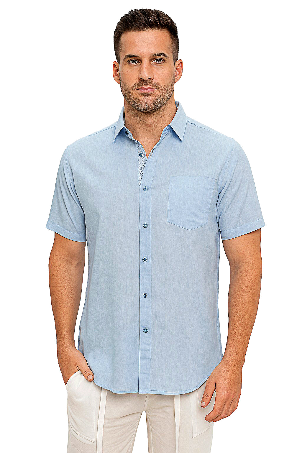 Men LINEN LOOK S/S Button Down Shirt Contrast Slv Trim-LT.BLUE-BUR3621 - Color Options - 8 PCS/PRE-PACK