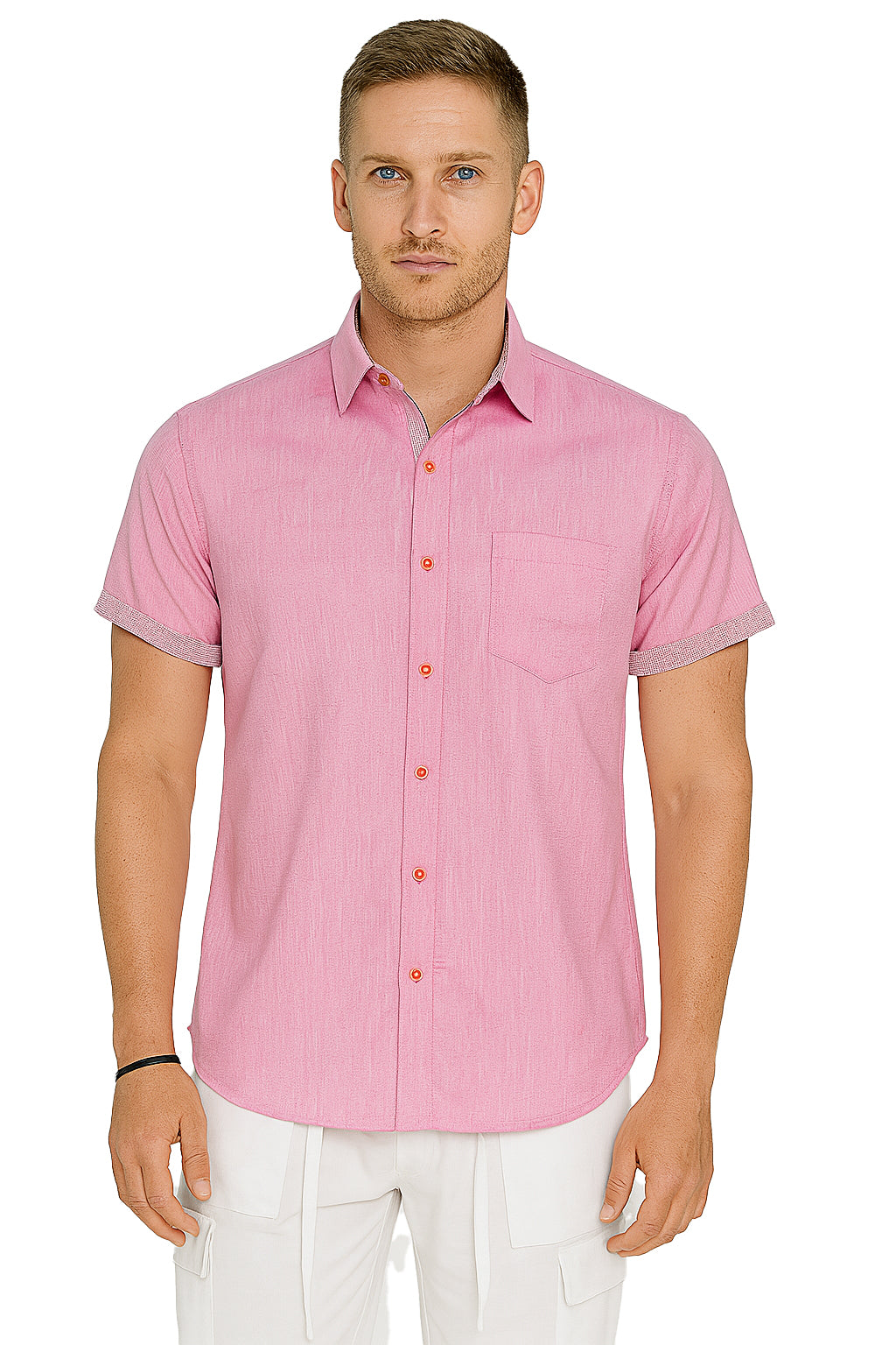 Men LINEN LOOK S/S Button Down Shirt Contrast Slv Trim-LT.BLUE-BUR3621 - Color Options - 8 PCS/PRE-PACK