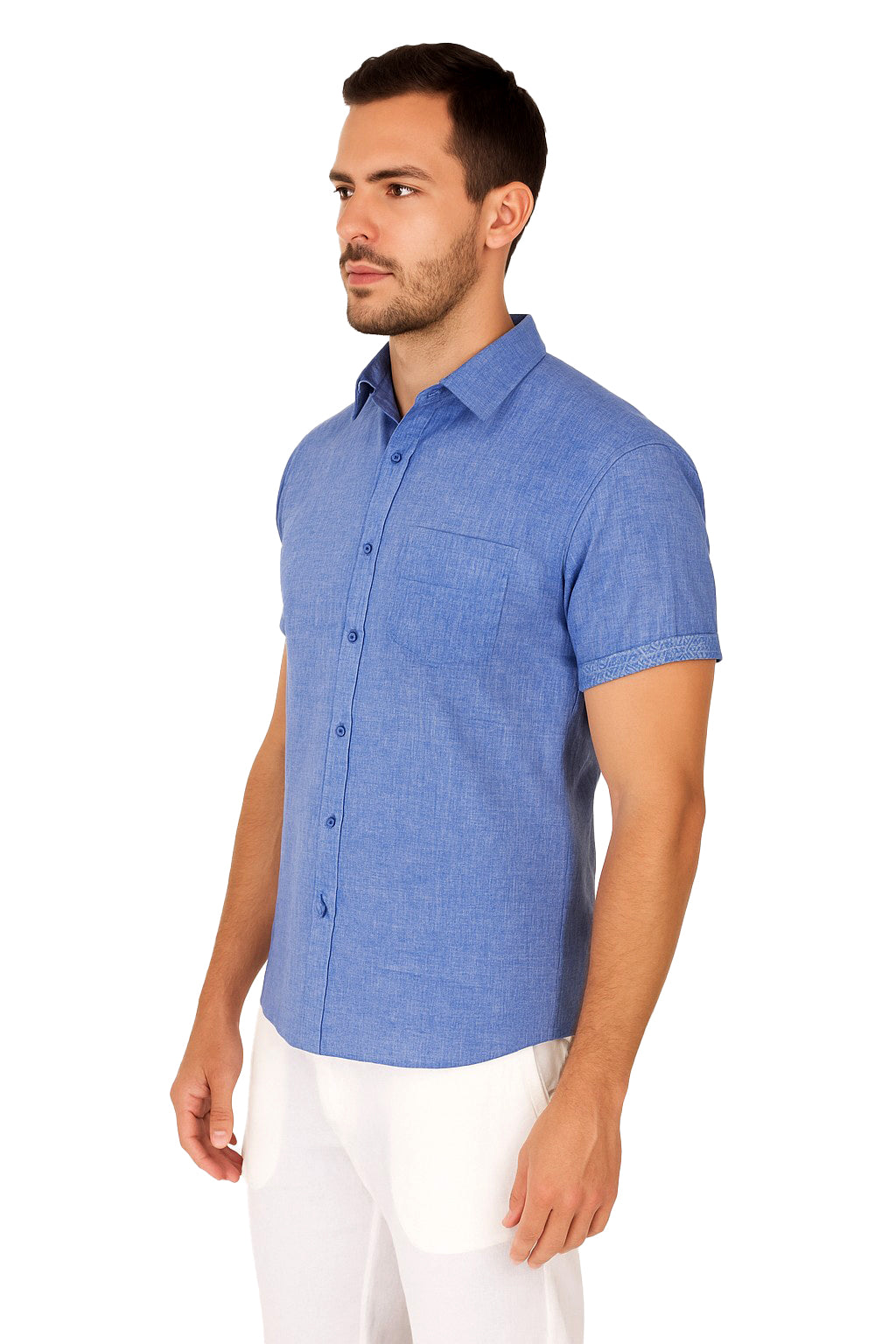 Men LINEN LOOK S/S Button Down Shirt Contrast Slv Trim-BLUE- Color Options - BUR3622 - 8 PCS/PRE-PACK