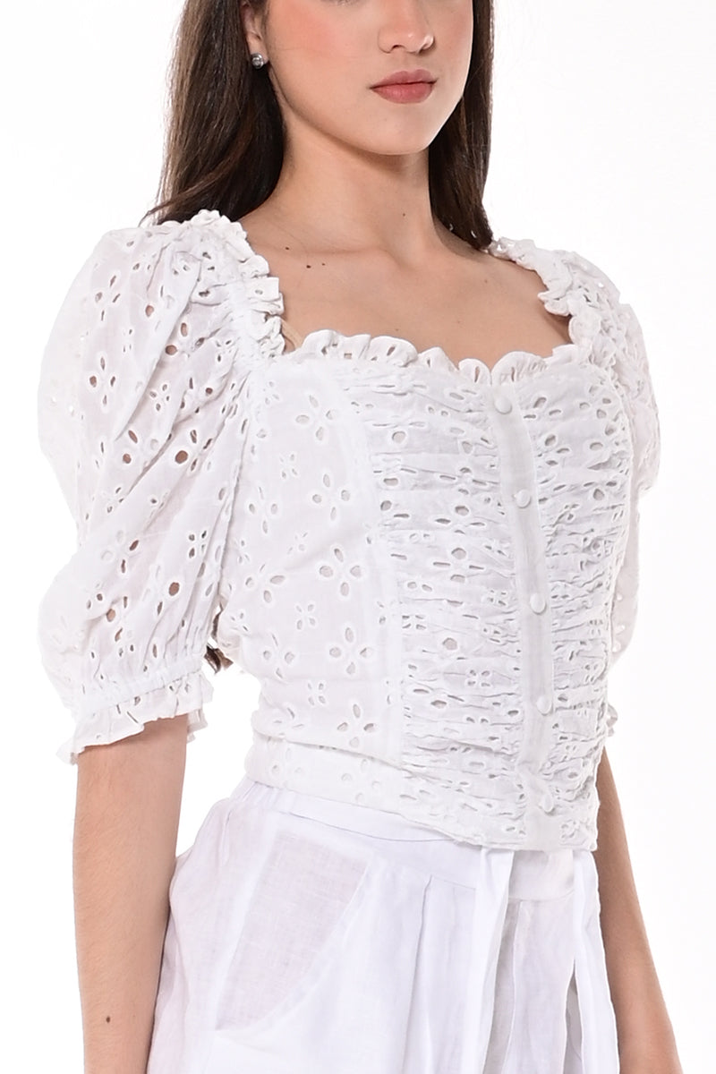 Ladies Eyelet Top Puffy Sleeves Blouse Cotton Lt. BLue by AZUCAR Color Options - LCB1714 - 6 PCS/PRE-PACK