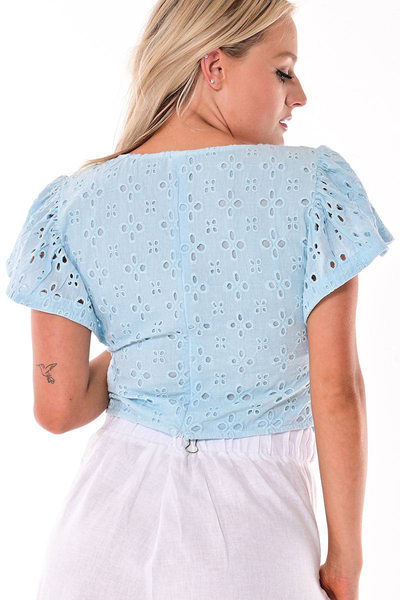 Ladies Cotton Eyelet Blouse V-neck by AZUCAR - White - Color Options - LCB1716 - 6 PCS/PRE-PACK