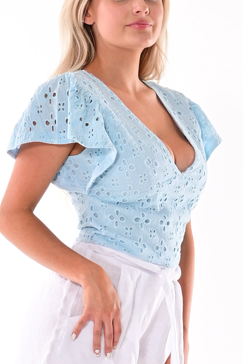 Ladies Cotton Eyelet Blouse V-neck by AZUCAR - White - Color Options - LCB1716 - 6 PCS/PRE-PACK