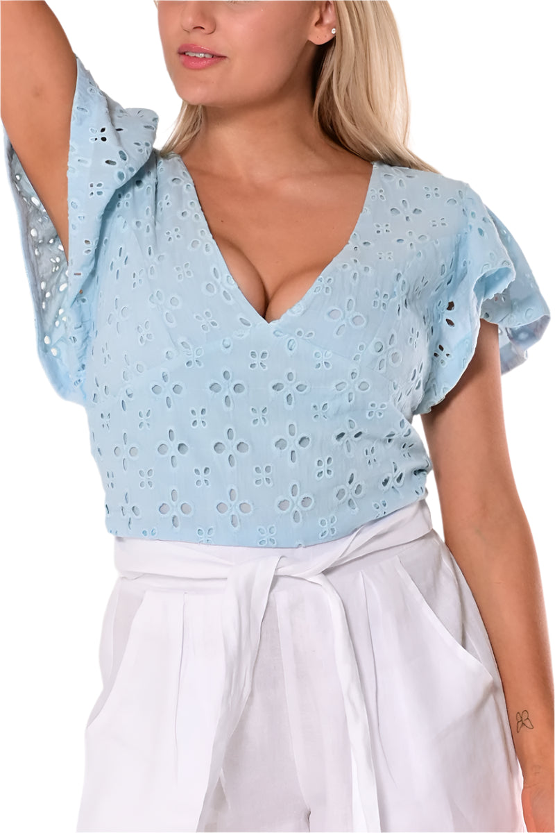 Ladies Cotton Eyelet Blouse V-neck by AZUCAR - White - Color Options - LCB1716 - 6 PCS/PRE-PACK