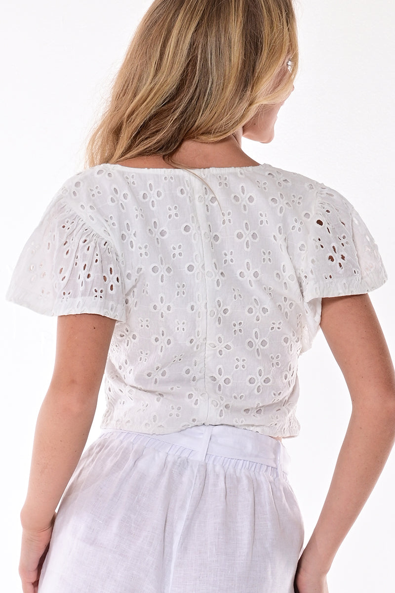 Ladies Cotton Eyelet Blouse V-neck by AZUCAR - White - Color Options - LCB1716 - 6 PCS/PRE-PACK