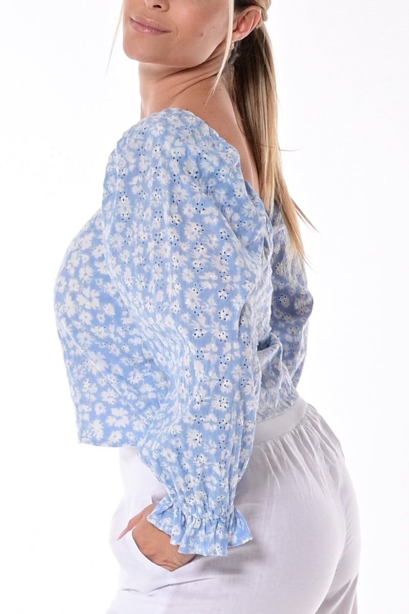 Ladies Eyelet Long Sleeve Blouse Cotton by AZUCAR-LT. BLUE-Color Options-LCB1718 - 6 PCS/PRE-PACK