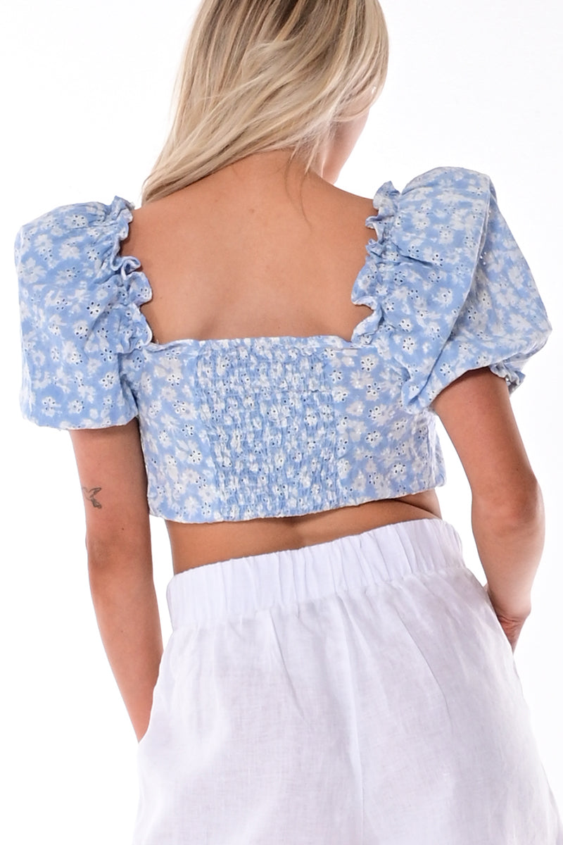 Ladies Eyelet Cropped Puff Sleeve Blouse - Peach - Color Options - LCB1719 - 6 PCS/PRE-PACK
