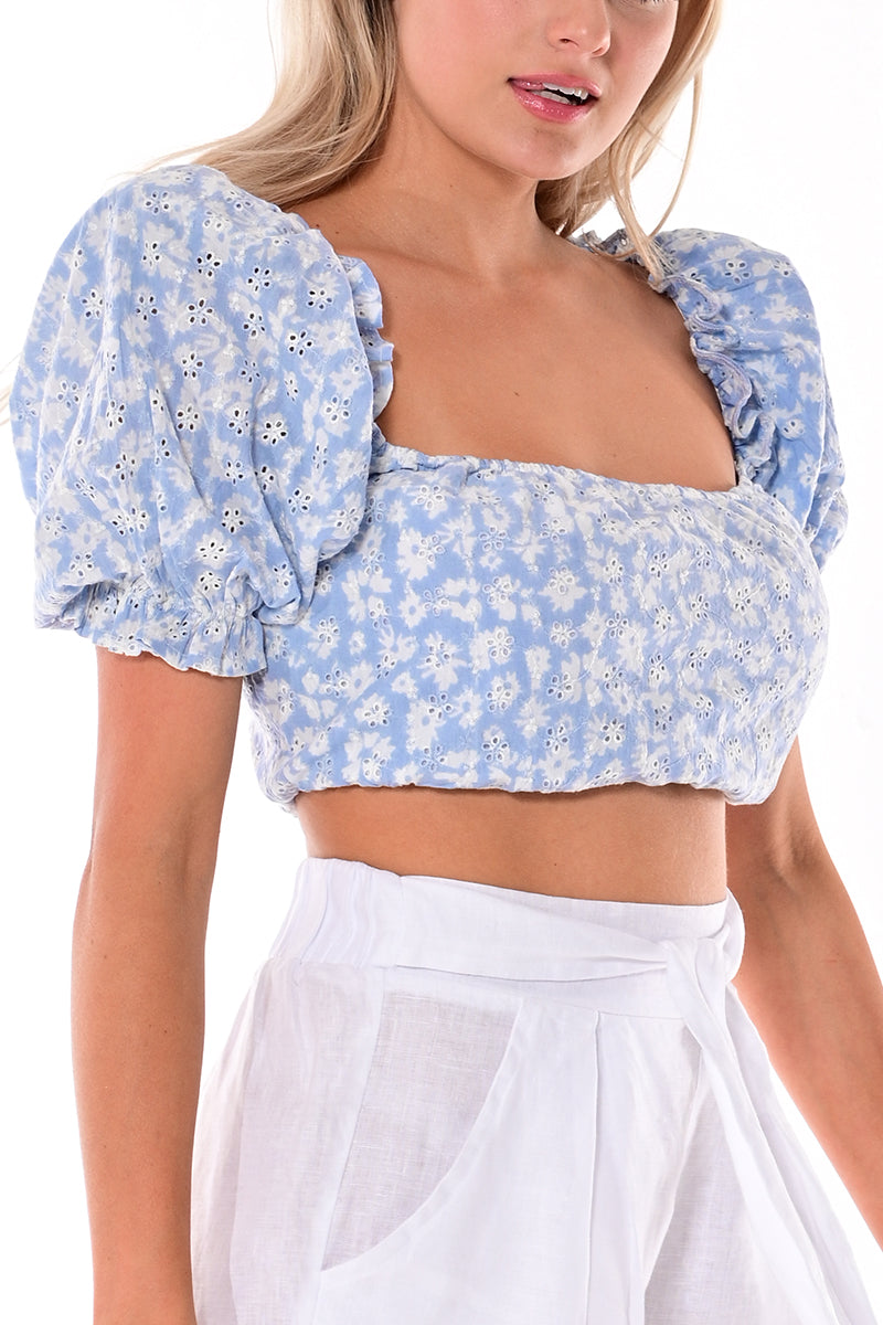 Ladies Eyelet Cropped Puff Sleeve Blouse - Peach - Color Options - LCB1719 - 6 PCS/PRE-PACK