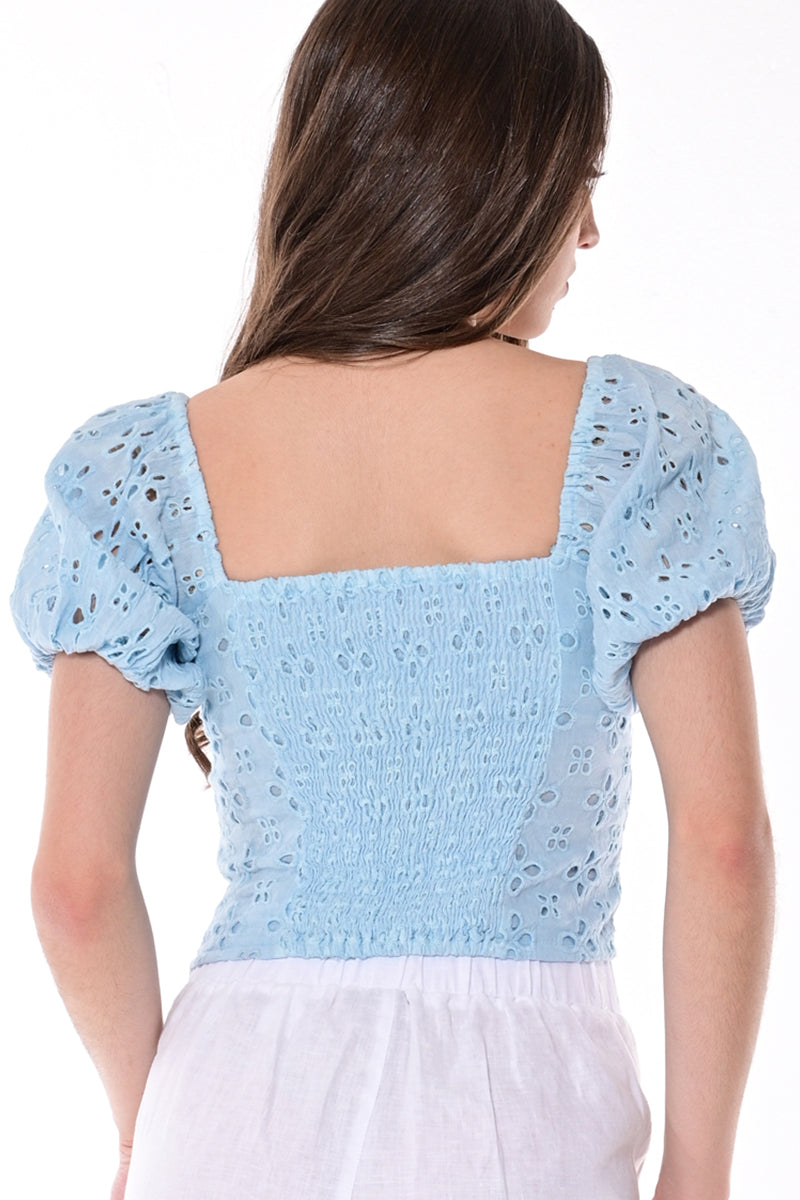 Ladies Eyelet Off-the-Shoulder Top by AZUCAR-LT. BLUE-Color Options-LCB1720 - 6 PCS/PRE-PACK