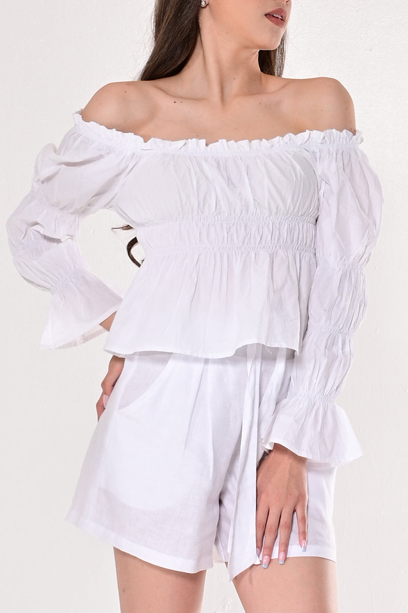 Ladies Off-the-Shoulder Top w/Puffy Sleeves Cotton-WHITE-LCB1729 - 6 PCS/PRE-PACK