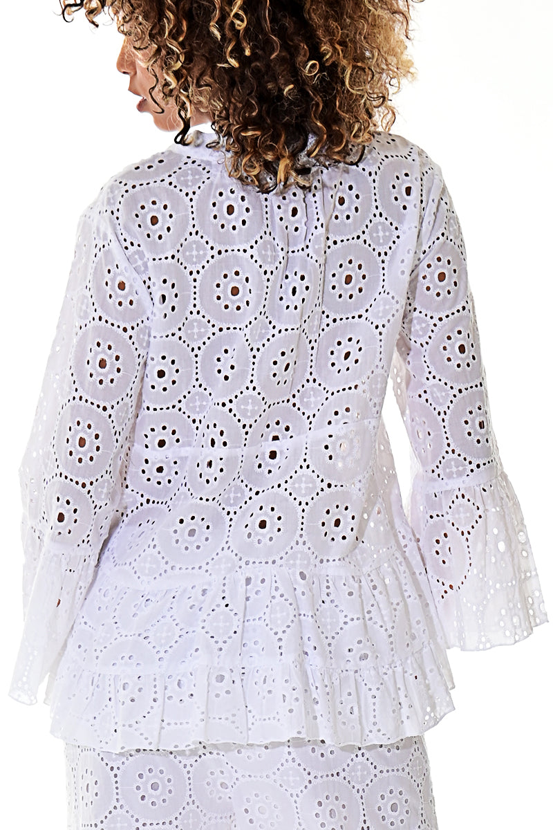 Ladies Eyelet Cotton Blouse L/S Casual Boho White by Azucar - LCB3114 - 6 PCS/PRE-PACK