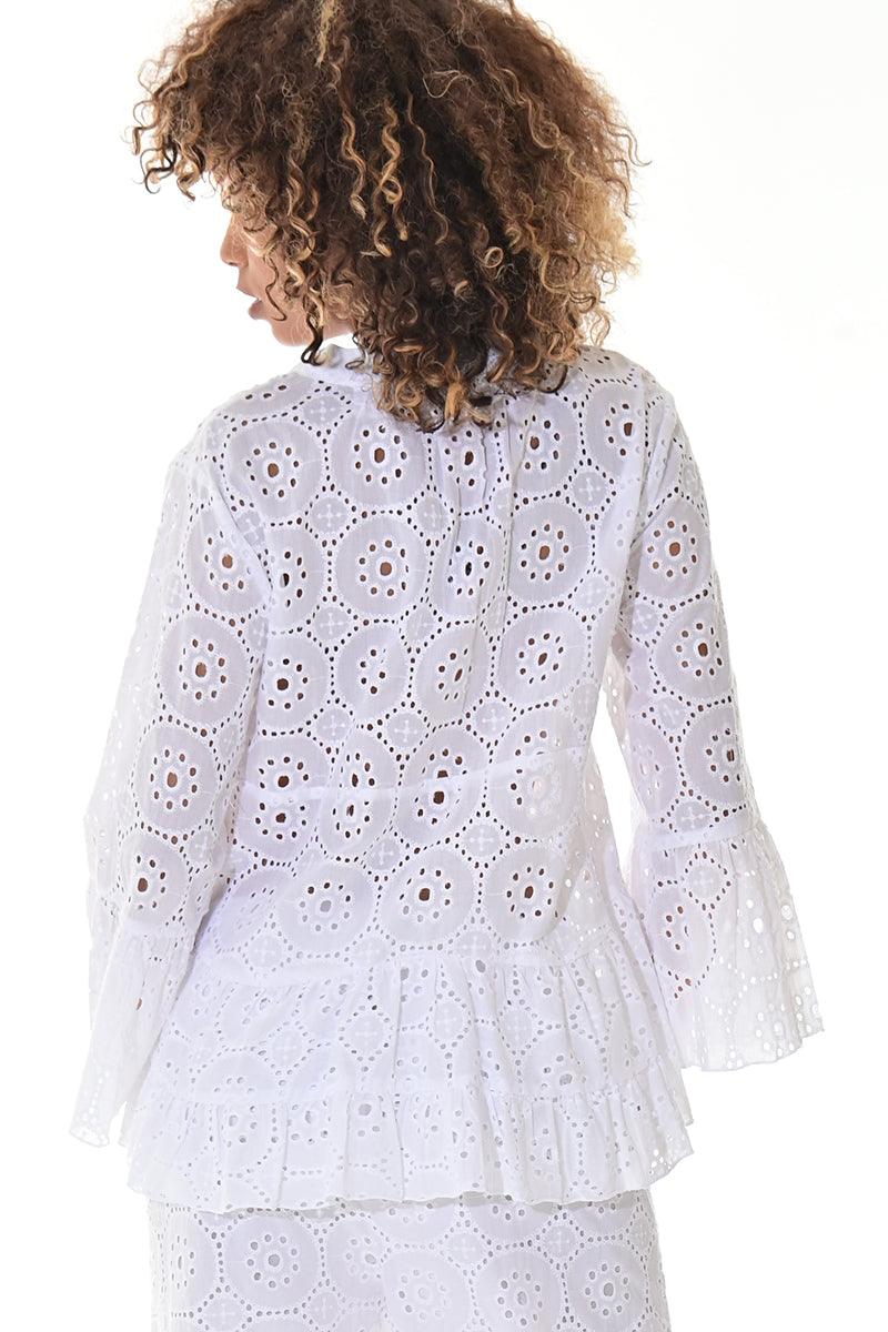 Ladies Eyelet Cotton Blouse L/S Casual Boho White by Azucar - LCB3114 - 6 PCS/PRE-PACK