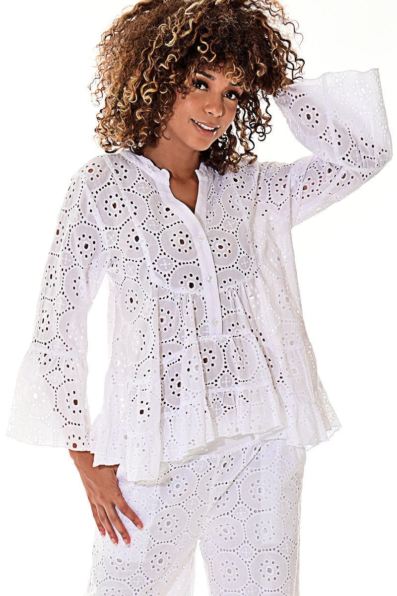 Ladies Eyelet Cotton Blouse L/S Casual Boho White by Azucar - LCB3114 - 6 PCS/PRE-PACK