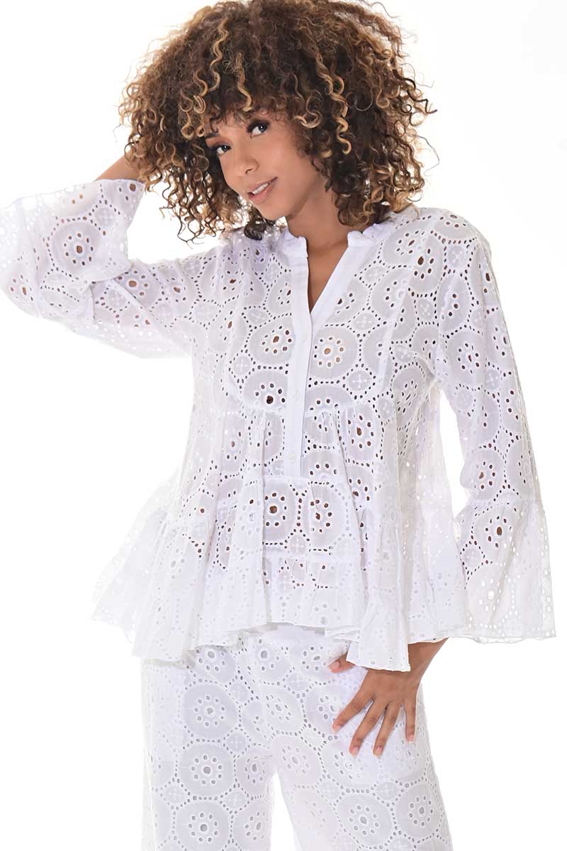 Ladies Eyelet Cotton Blouse L/S Casual Boho White by Azucar - LCB3114 - 6 PCS/PRE-PACK
