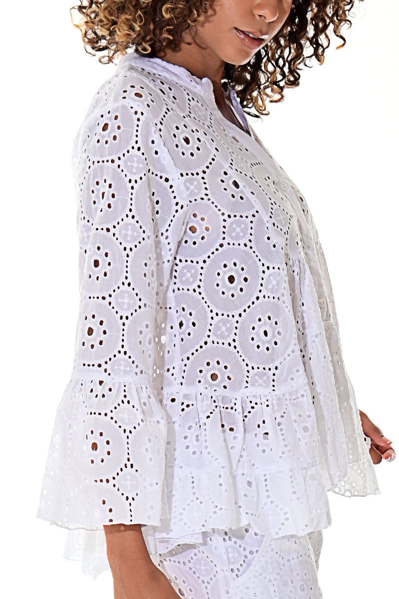 Ladies Eyelet Cotton Blouse L/S Casual Boho White by Azucar - LCB3114 - 6 PCS/PRE-PACK
