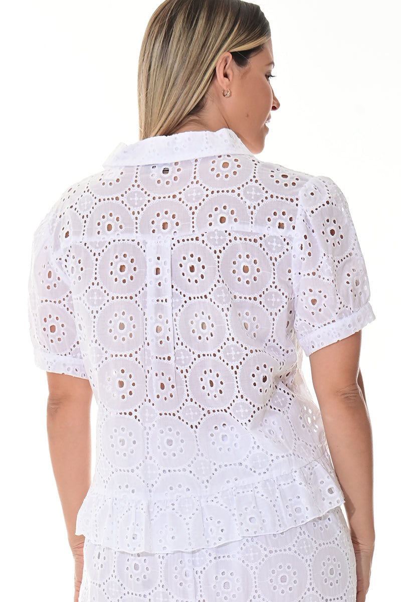 Ladies Eyelet Cotton Blouse S/S Casual Boho by AZUCAR White - LCB3115-P - 6 PCS/PRE-PACK