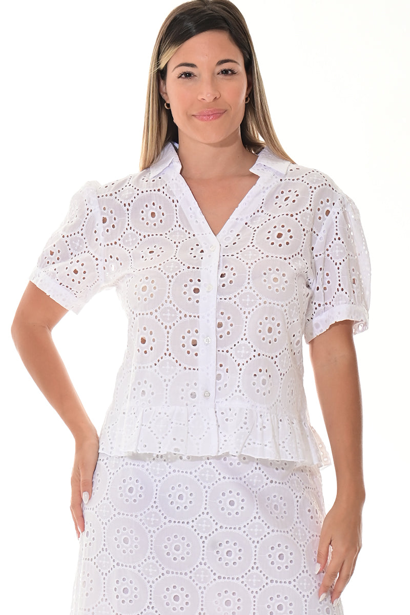 Ladies Eyelet Cotton Blouse S/S Casual Boho by AZUCAR White - LCB3115-P - 6 PCS/PRE-PACK