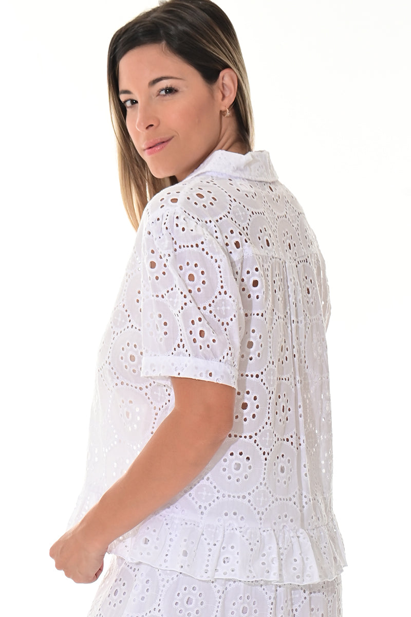 Ladies Eyelet Cotton Blouse S/S Casual Boho by AZUCAR White - LCB3115-P - 6 PCS/PRE-PACK