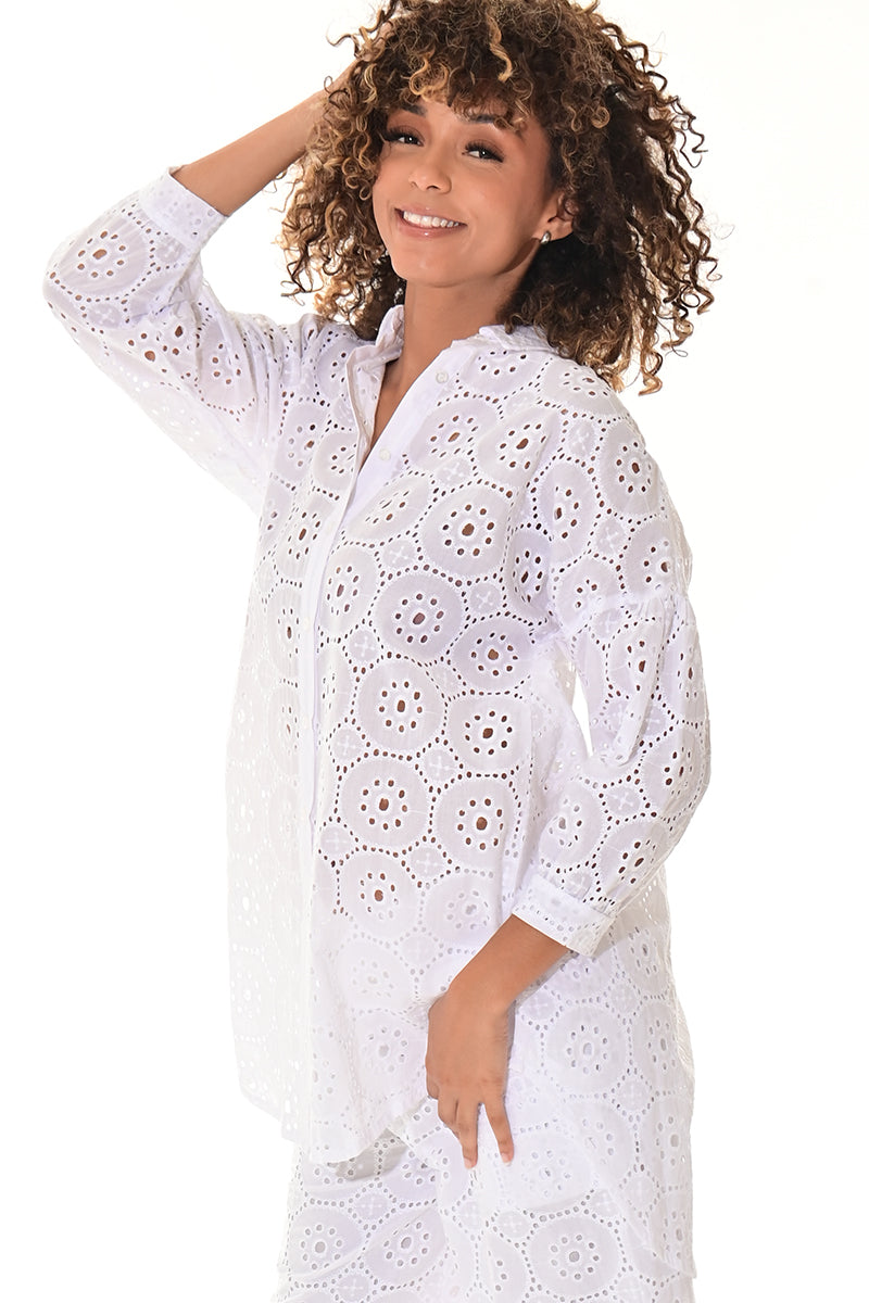 Ladies Eyelet Cotton Blouse Boho L/S Casual Beach Cover-Up by AZUCAR White - LCB3116 - 6 PCS/PRE-PACK