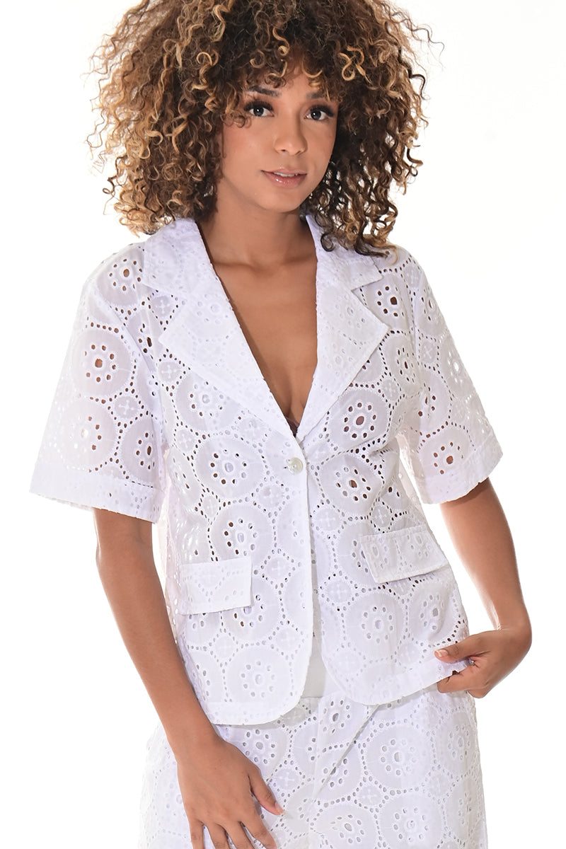 Ladies Eyelet Cotton Blazer Boho S/S Casual Jacket by AZUCAR White - LCB3117 - 6 PCS/PRE-PACK