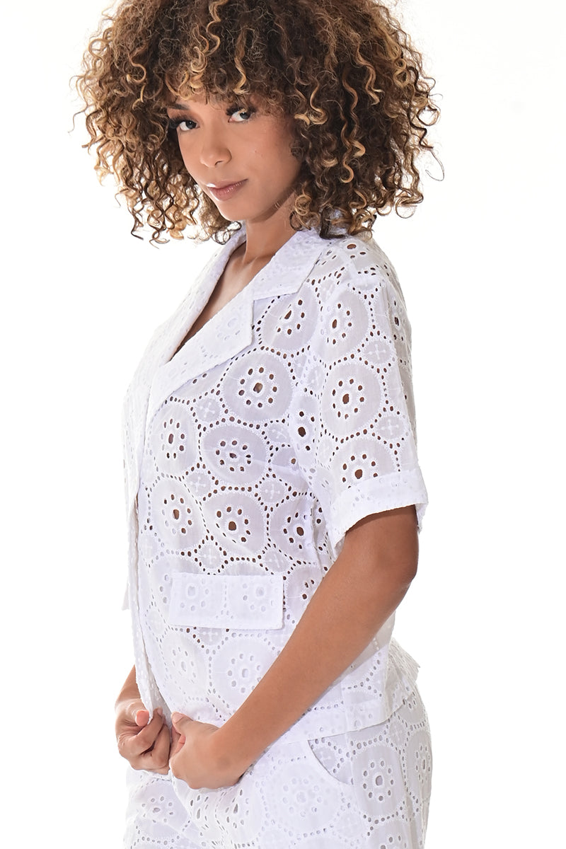 Ladies Eyelet Cotton Blazer Boho S/S Casual Jacket by AZUCAR White - LCB3117 - 6 PCS/PRE-PACK