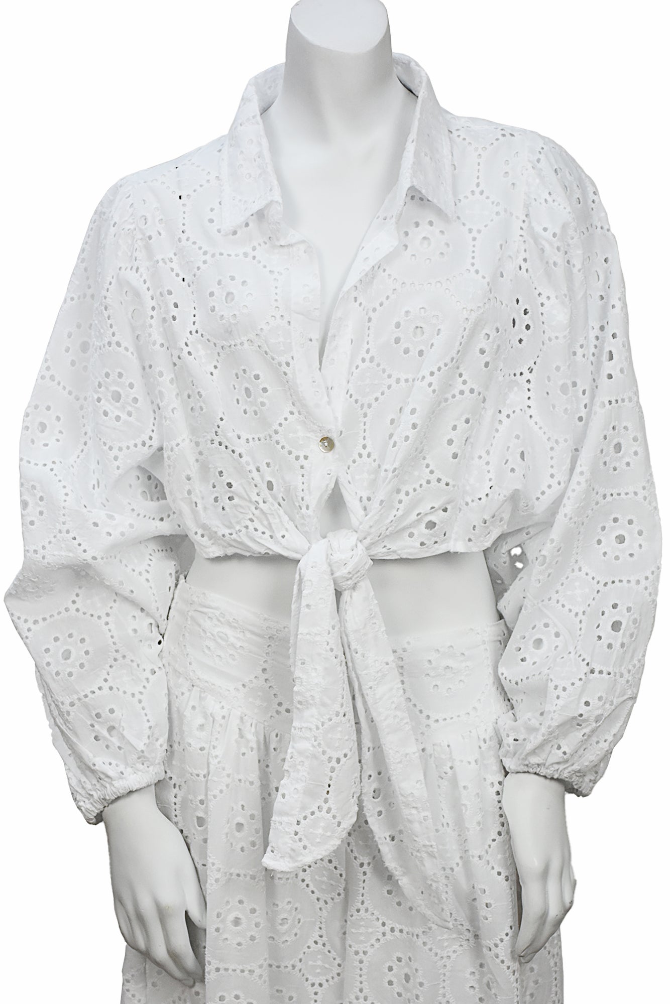 Ladies Eyelet Cotton Crop Top Blouse L/S Boho Casual White by AZUCAR - LCB3118 - 6 PCS/PRE-PACK