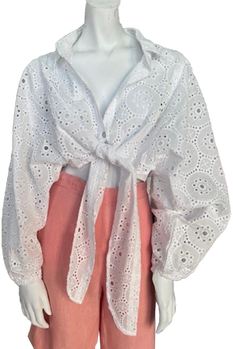 Ladies Eyelet Cotton Crop Top Blouse L/S Boho Casual White by AZUCAR - LCB3118 - 6 PCS/PRE-PACK