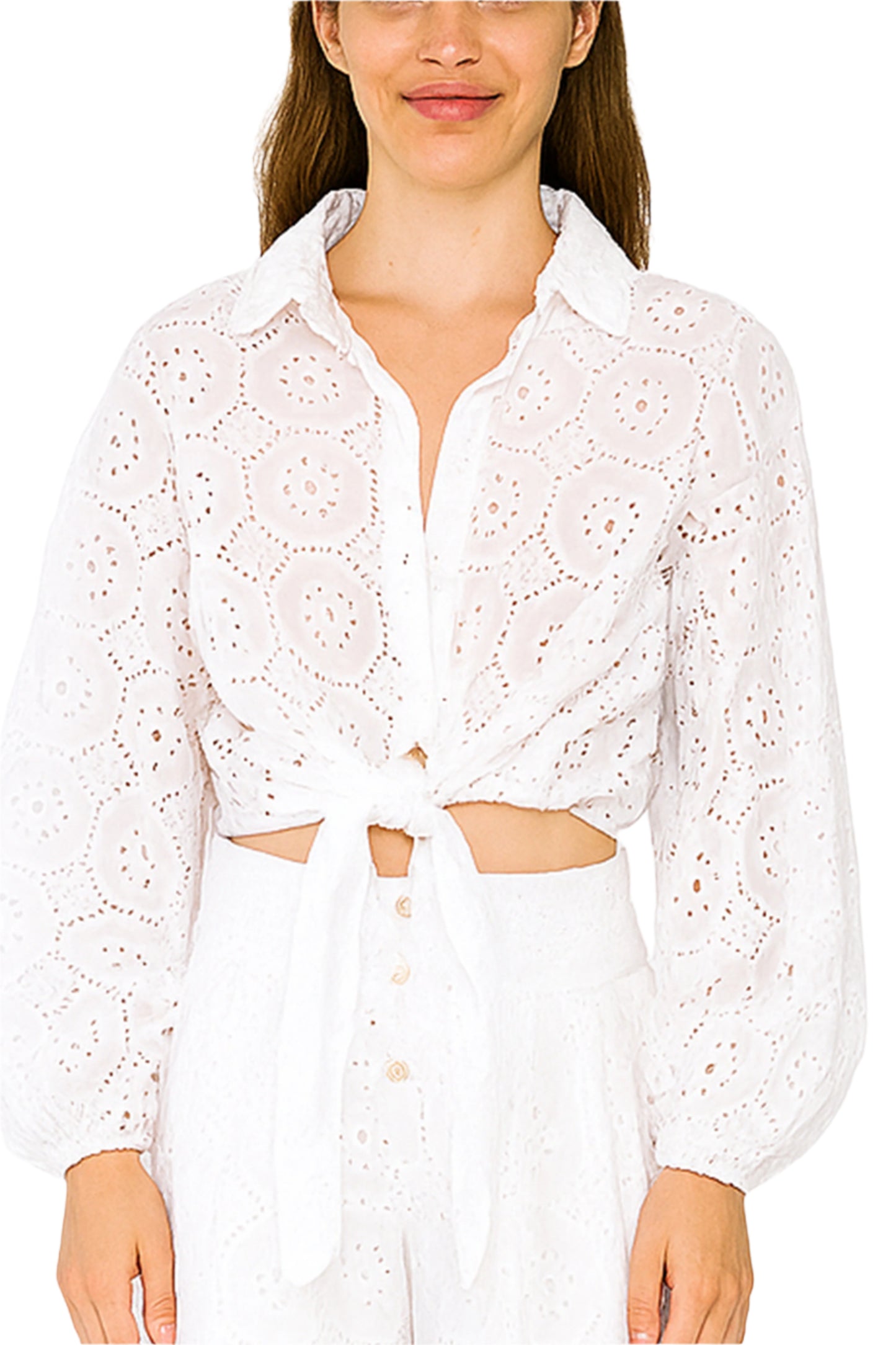 Ladies Eyelet Cotton Crop Top Blouse L/S Boho Casual White by AZUCAR - LCB3118 - 6 PCS/PRE-PACK