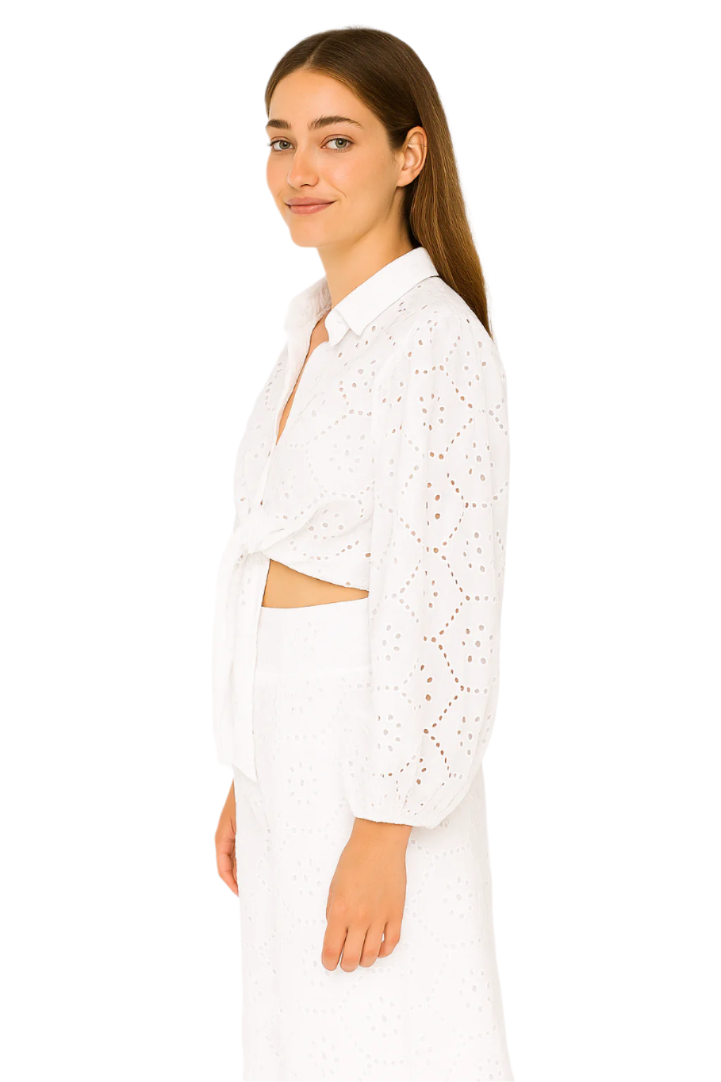 Ladies Eyelet Cotton Crop Top Blouse L/S Boho Casual White by AZUCAR - LCB3118 - 6 PCS/PRE-PACK