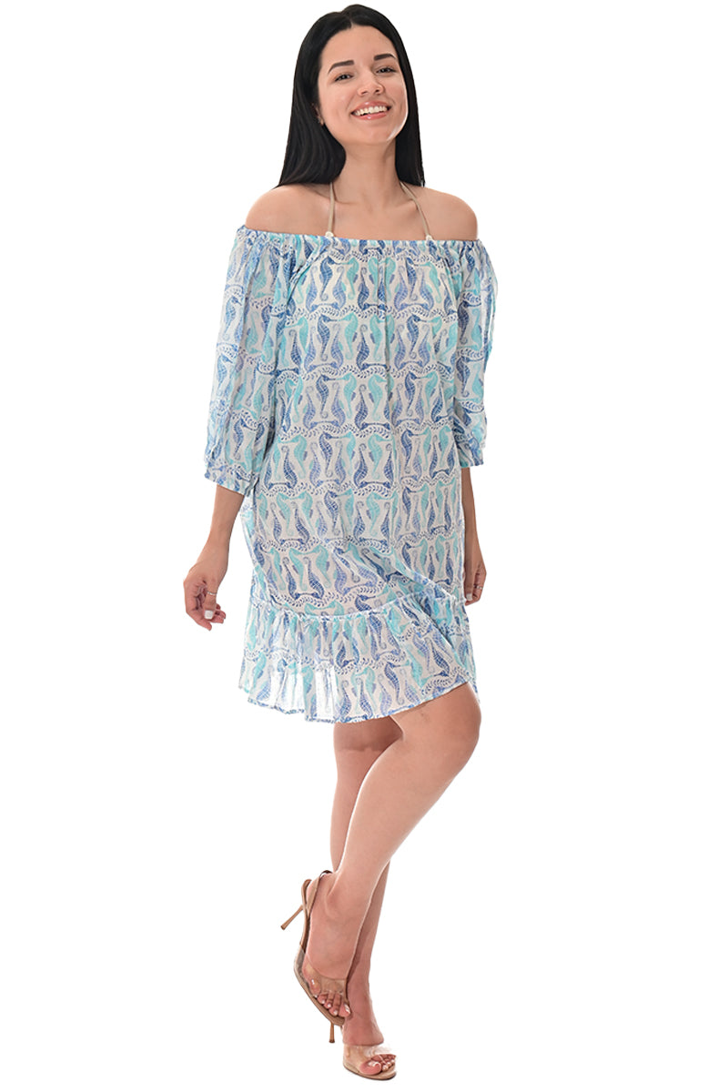 Swimsuit Cover-Up Off-the-Shoulder Seahorse Print by AZUCAR - LCD3587 - 6 PCS/PRE-PACK