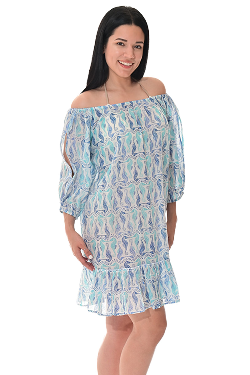 Swimsuit Cover-Up Off-the-Shoulder Seahorse Print by AZUCAR - LCD3587 - 6 PCS/PRE-PACK