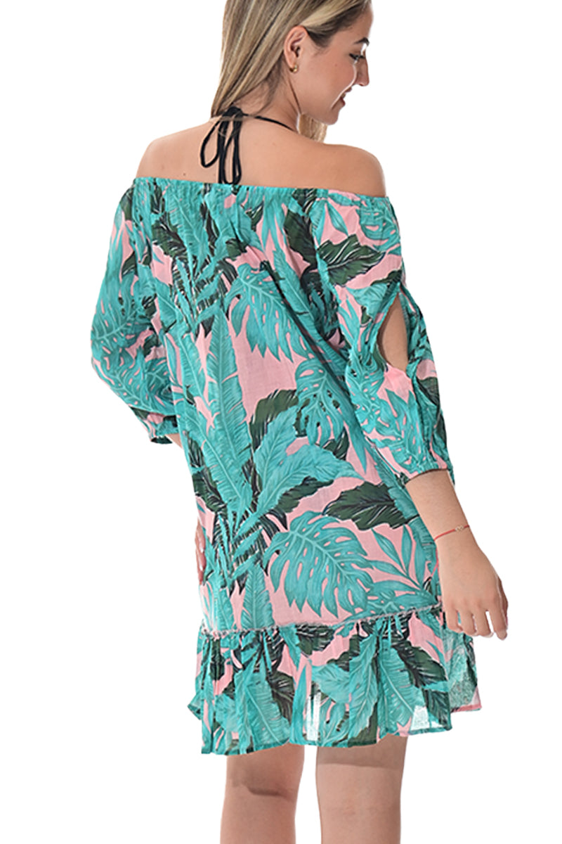 Swimsuit Cover-Up Off-the-Shoulder Tunic Tropical Palm Leaf by AZUCAR - LCD3600