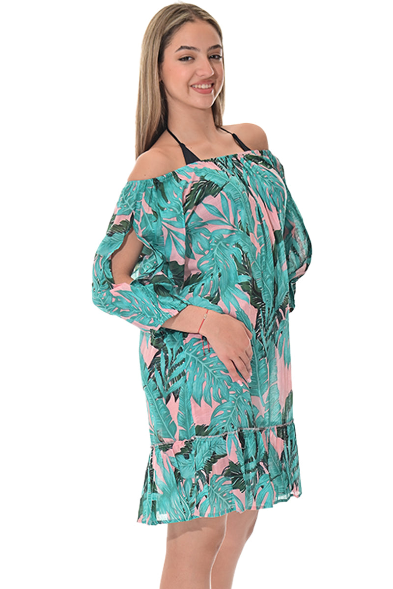 Swimsuit Cover-Up Off-the-Shoulder Tunic Tropical Palm Leaf by AZUCAR - LCD3600