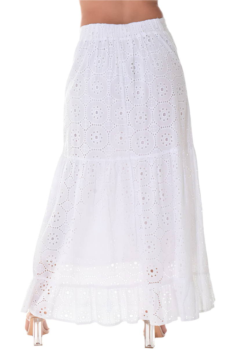 Ladies Eyelet Cotton Skirt Boho Casual Long Length WHITE by AZUCAR - LCK3119 - 6 PCS/PRE-PACK
