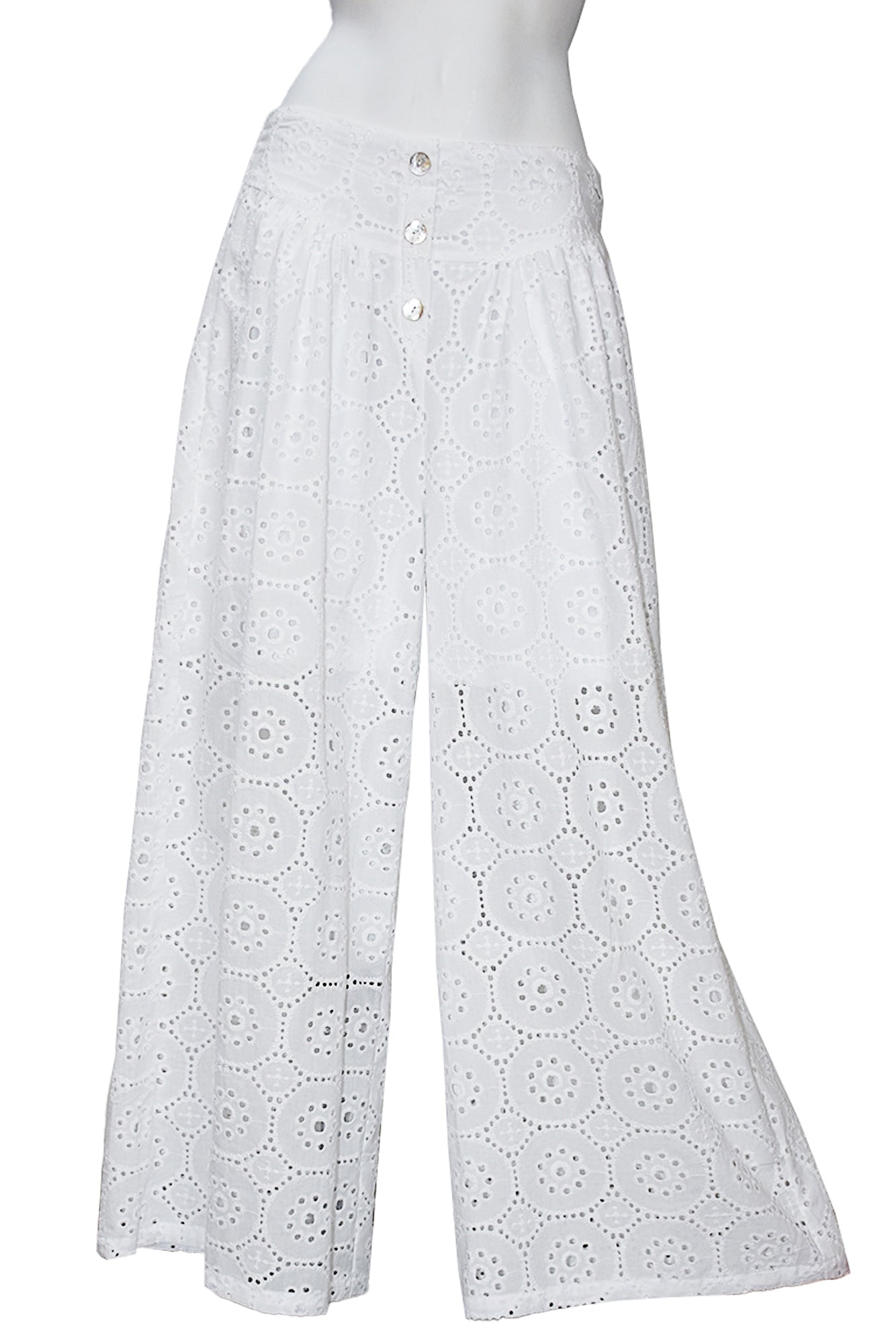 Ladies Eyelet Cotton Pants Boho Casual w/Buttons White by AZUCAR - LCP3501 - 6 PCS/PRE-PACK