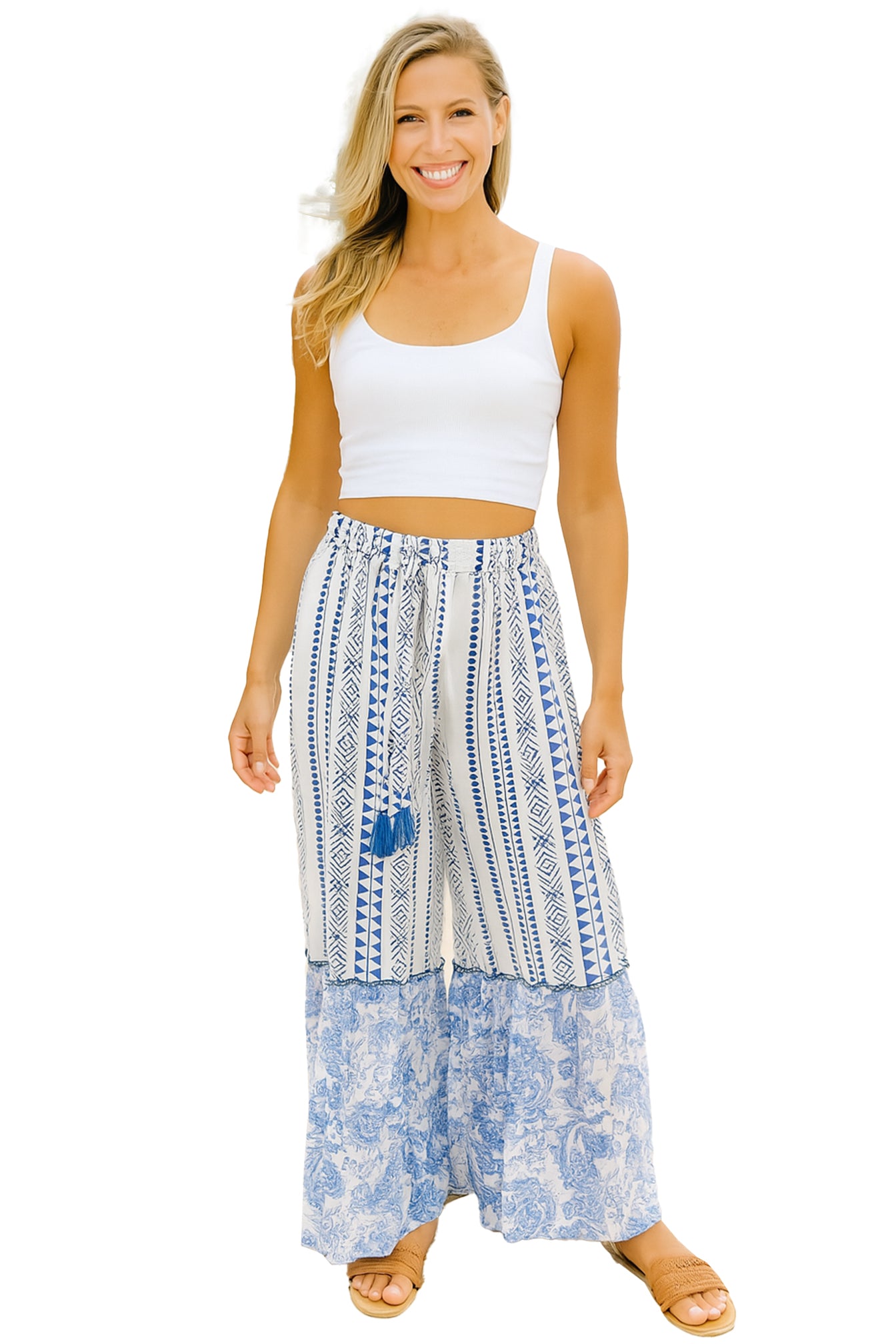 Ladies Cotton Pants Draw String w/Contrast Trim by AZUCAR WH/NV - LCP3602 6 PCS/PRE-PACK