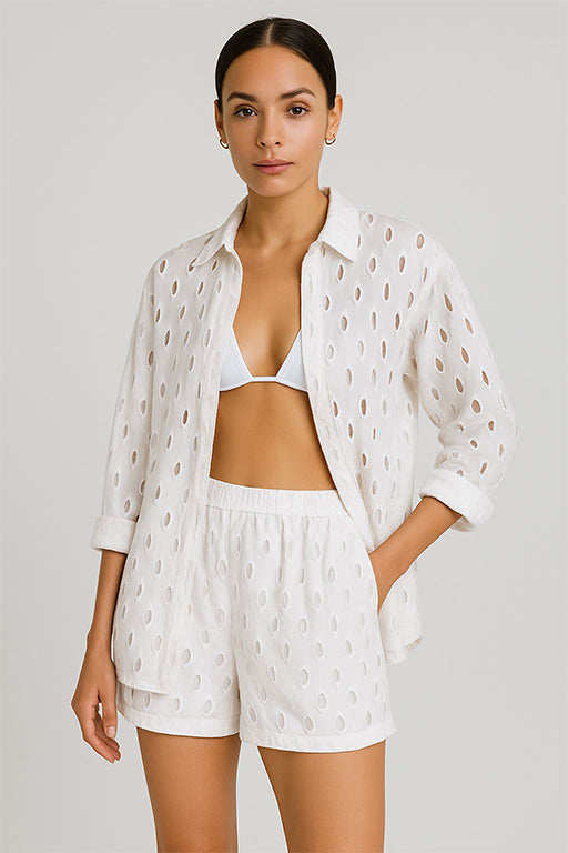 Ladies Eyelet Set Cotton Blouse & Short Casual Beach - Orange - Color Options by Azucar - LCS3719 - 6 PCS/PRE-PACK