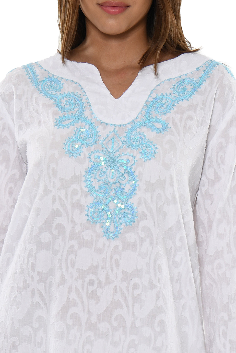 Women's Swimsuit Cover-Up Long Sleeves Cotton White Kaftan by AZUCAR -WHITE- LCT230 - 6 PCS/PRE-PACK