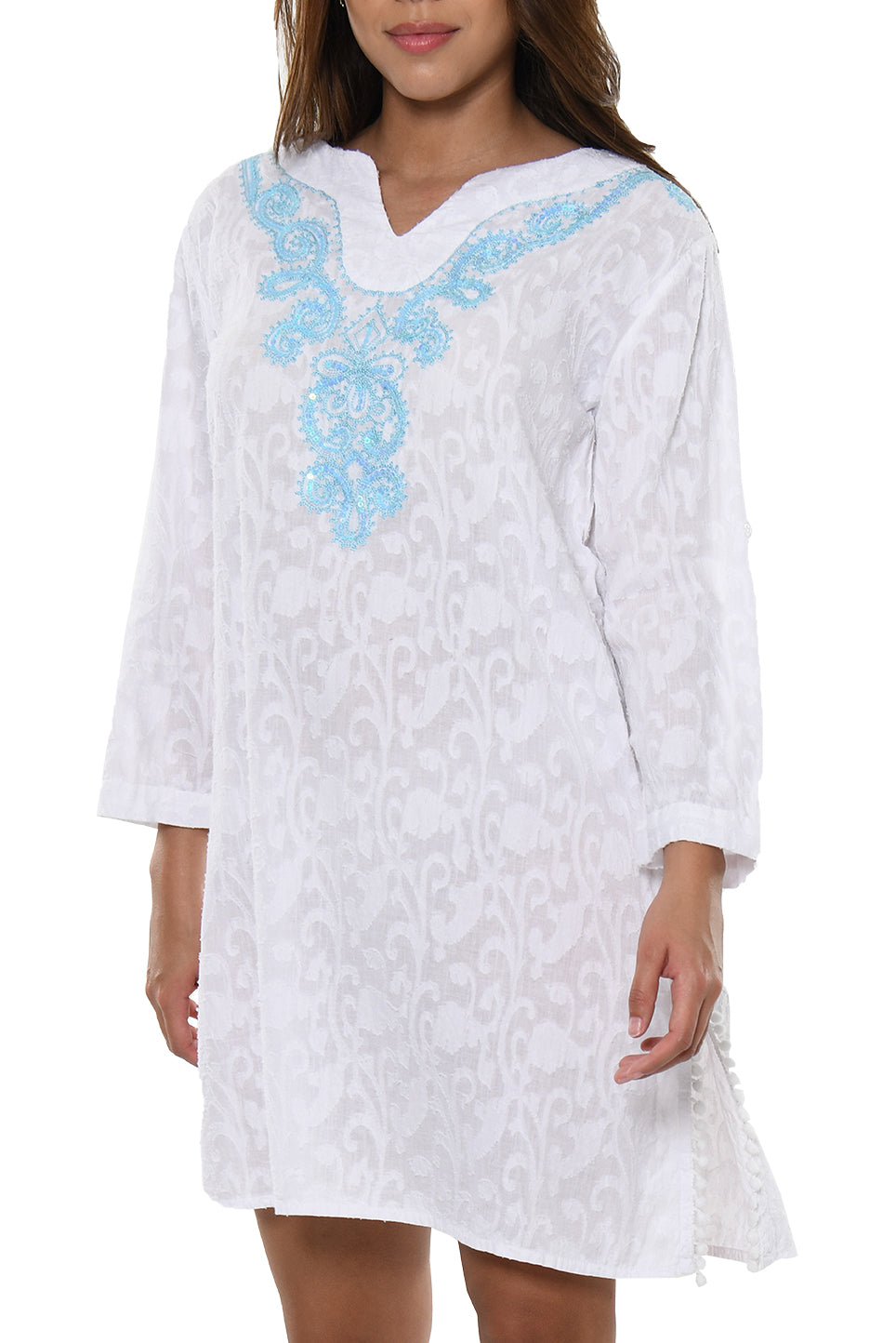 Women's Swimsuit Cover-Up Long Sleeves Cotton White Kaftan by AZUCAR -WHITE- LCT230 - 6 PCS/PRE-PACK