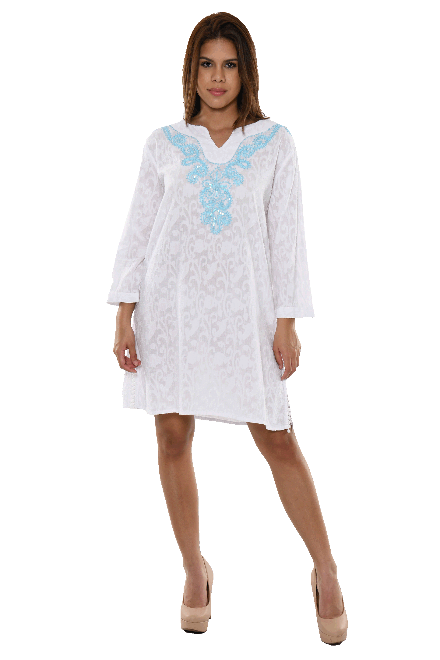 Women's Swimsuit Cover-Up Long Sleeves Cotton White Kaftan by AZUCAR -WHITE- LCT230 - 6 PCS/PRE-PACK