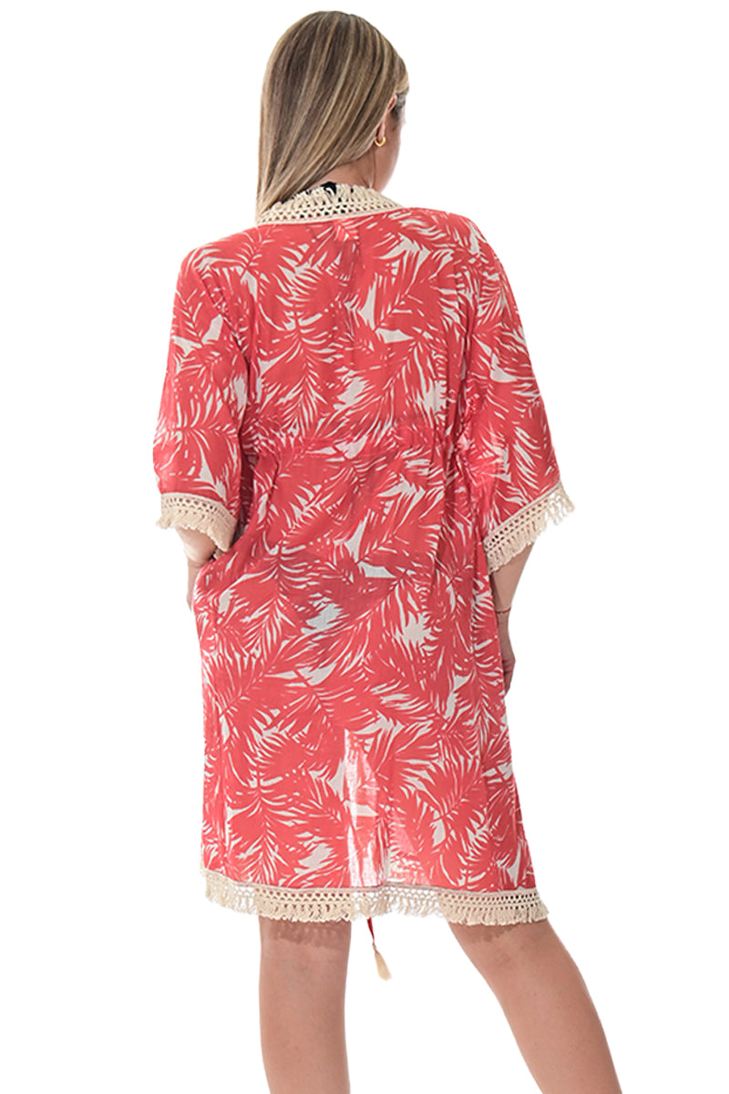 Swimsuit Cover-Up Fringe Tunic Palm Leaf Red by AZUCAR - LCT3582