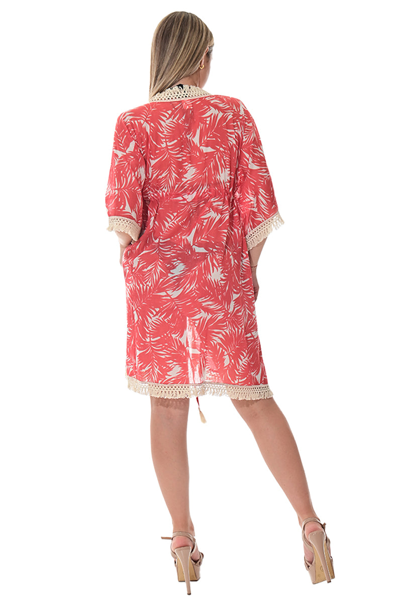 Swimsuit Cover-Up Fringe Tunic Palm Leaf Red by AZUCAR - LCT3582