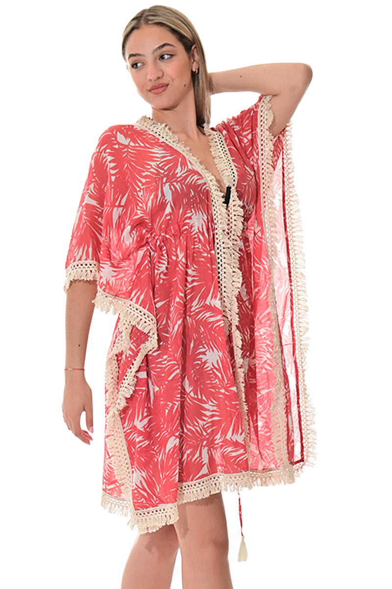 Swimsuit Cover-Up Fringe Tunic Palm Leaf Red by AZUCAR - LCT3582