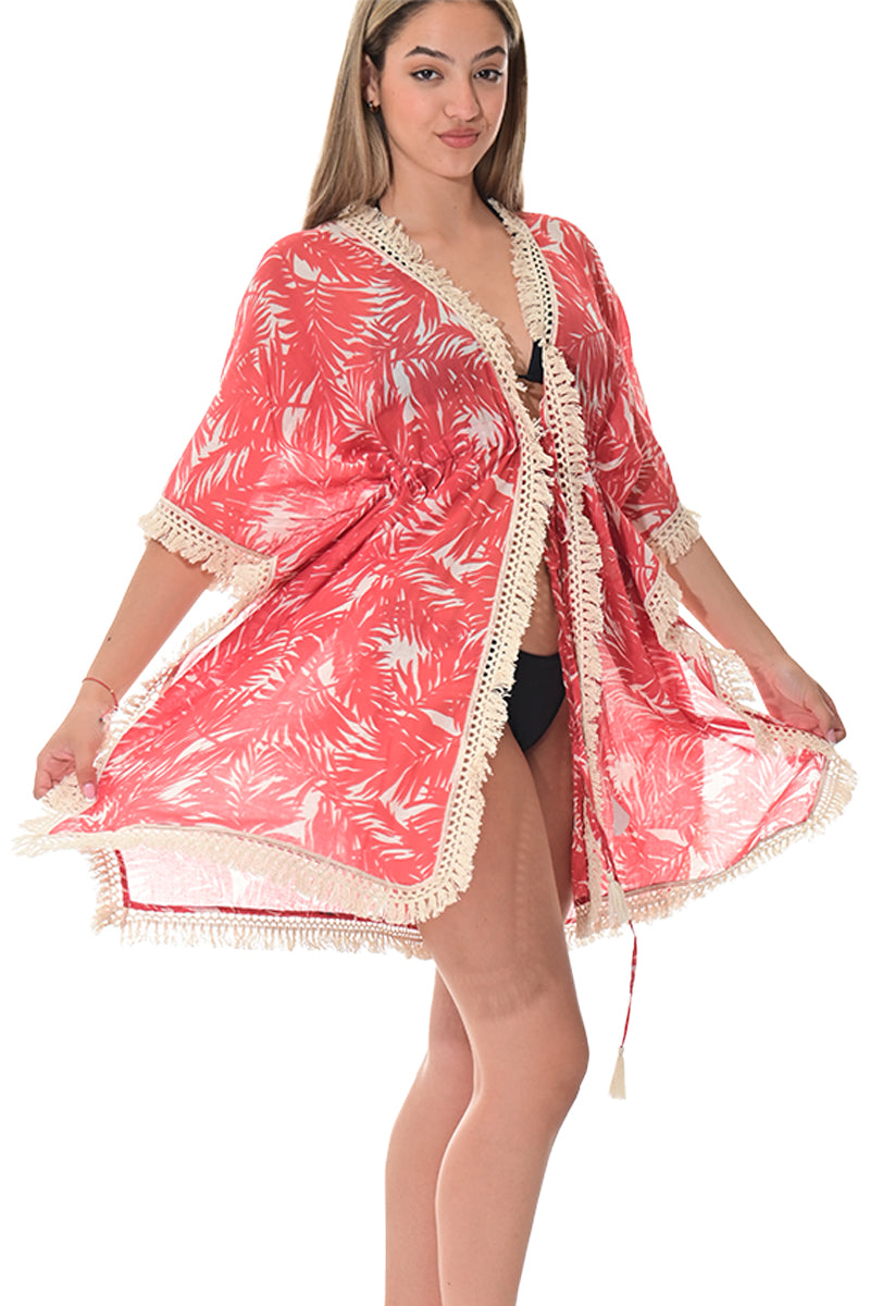 Swimsuit Cover-Up Fringe Tunic Palm Leaf Red by AZUCAR - LCT3582