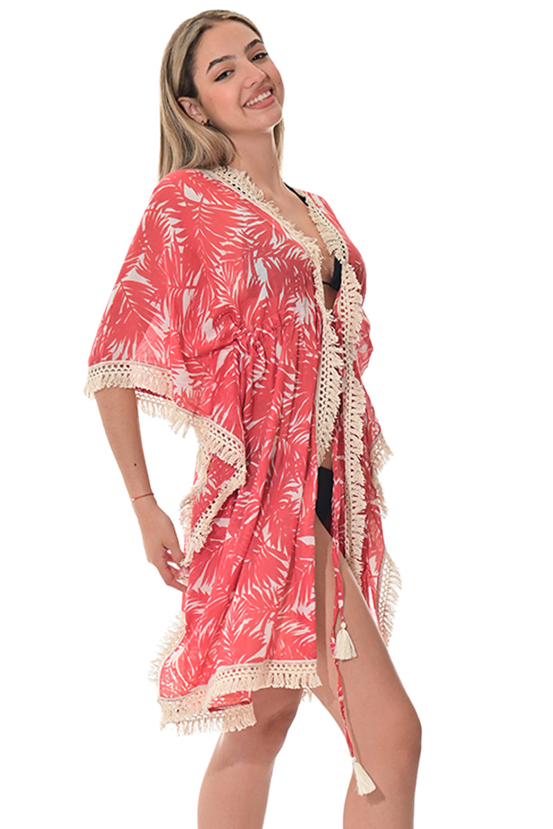 Swimsuit Cover-Up Fringe Tunic Palm Leaf Red by AZUCAR - LCT3582