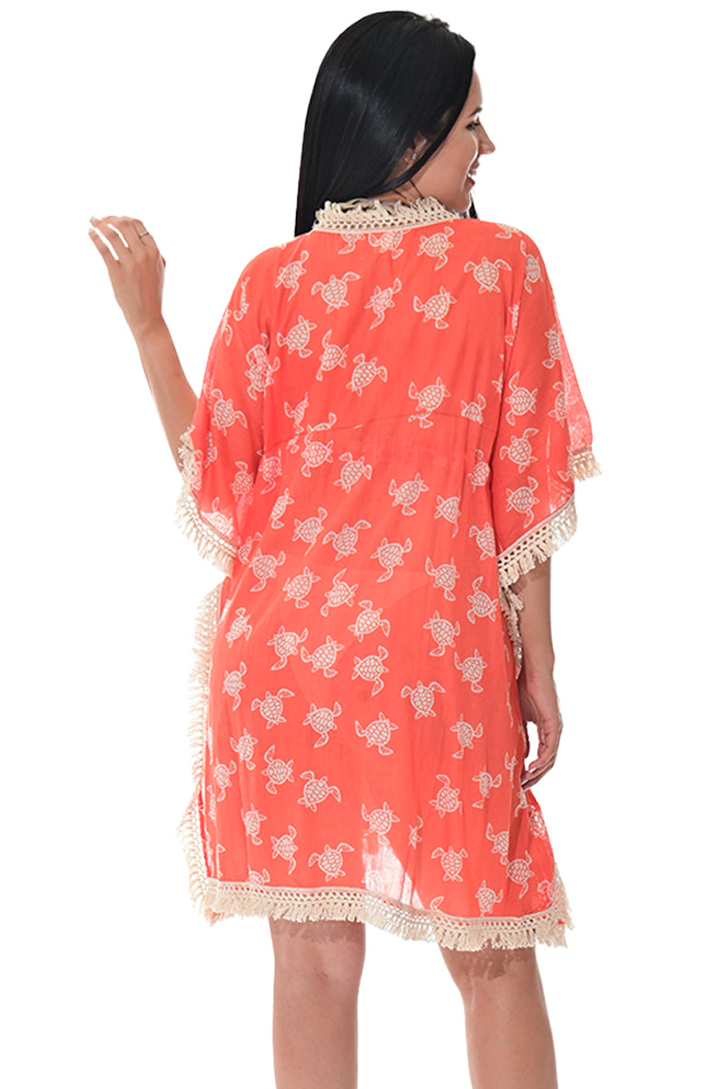 Swimsuit Cover-Up Fringe Tunic Baby Turtle Coral by AZUCAR - LCT3583 - 6 PCS/PRE-PACK