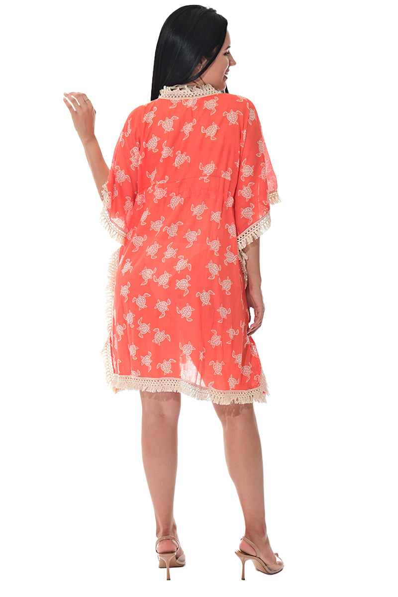 Swimsuit Cover-Up Fringe Tunic Baby Turtle Coral by AZUCAR - LCT3583 - 6 PCS/PRE-PACK