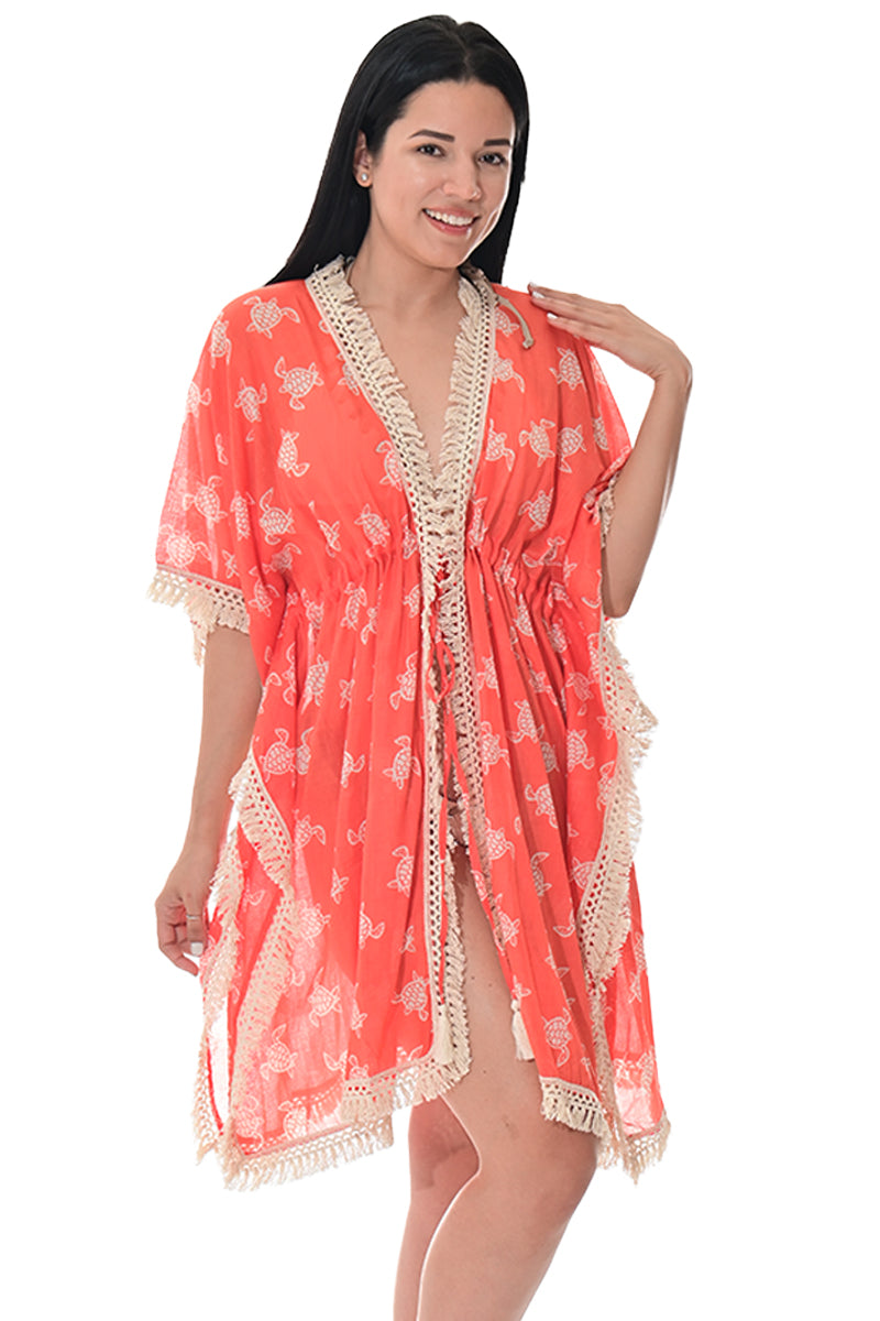 Swimsuit Cover-Up Fringe Tunic Baby Turtle Coral by AZUCAR - LCT3583 - 6 PCS/PRE-PACK