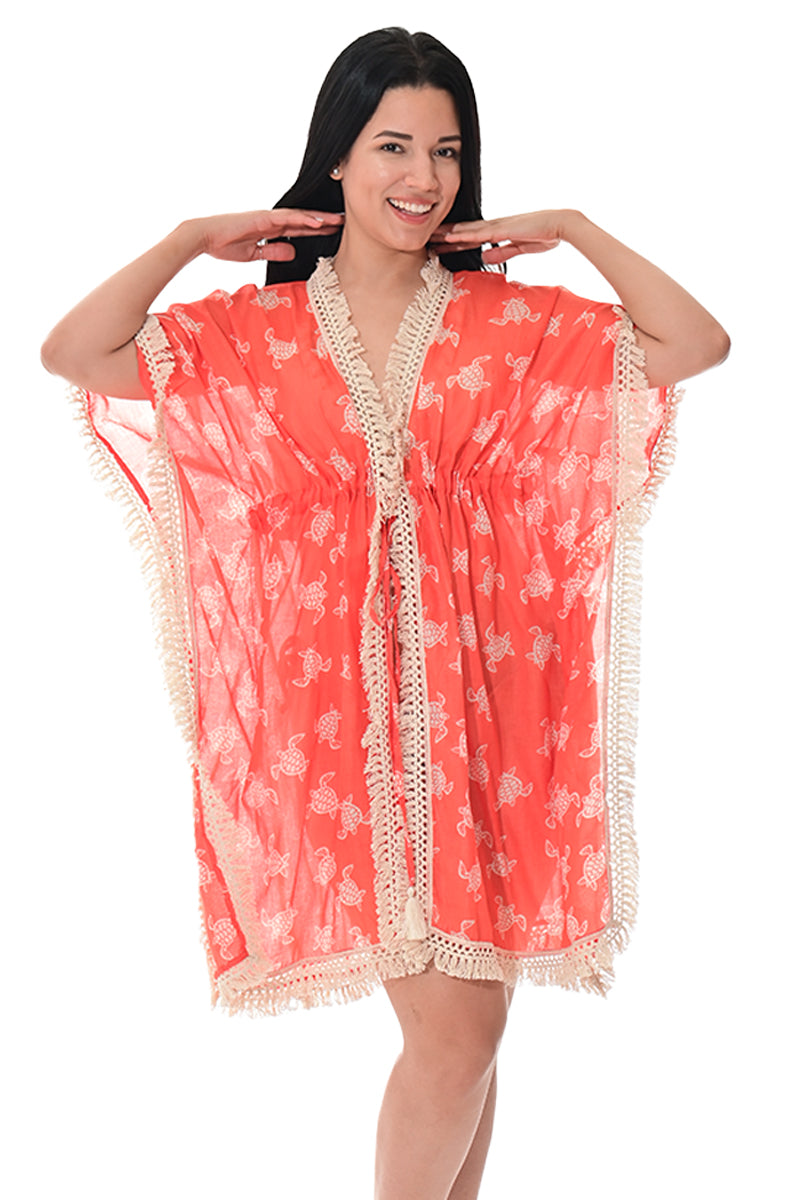 Swimsuit Cover-Up Fringe Tunic Baby Turtle Coral by AZUCAR - LCT3583 - 6 PCS/PRE-PACK