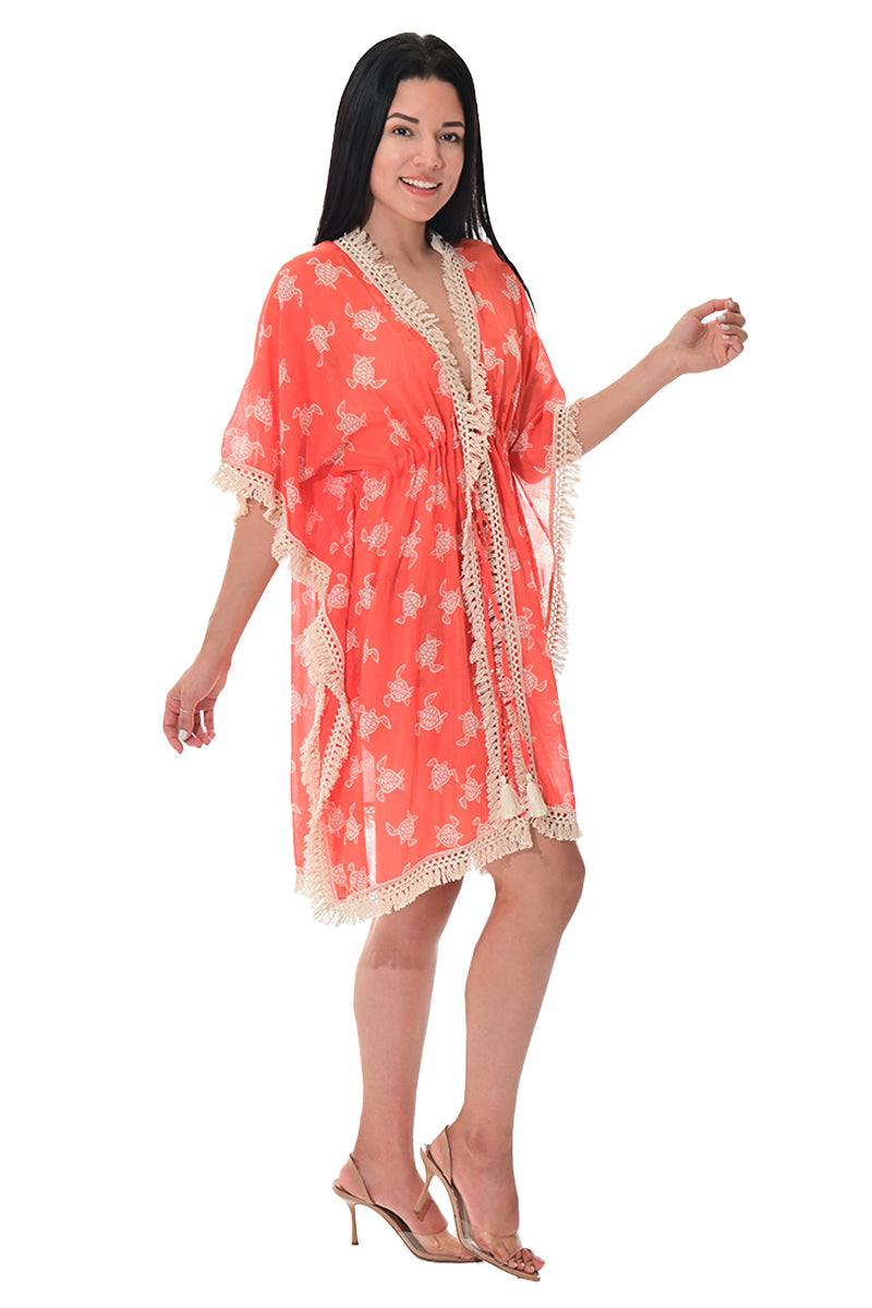 Swimsuit Cover-Up Fringe Tunic Baby Turtle Coral by AZUCAR - LCT3583 - 6 PCS/PRE-PACK